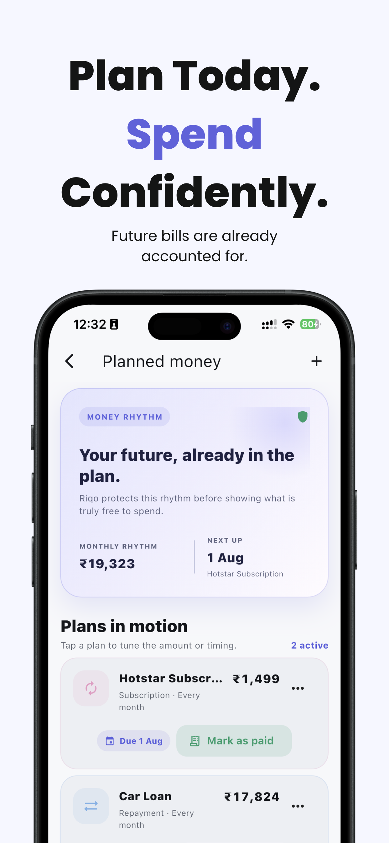 Riqo Planned Money screen